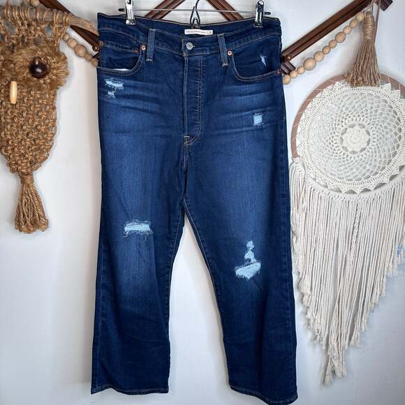 Levi's Denim - Levi's Dark Wash Distressed Ribcage Straight Ankle Jeans